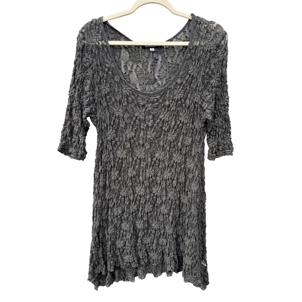 Surrealist USA Gray Lace 3/4 Sleeve Grey Tunic Top Size 2 Y2K 90's Coquette